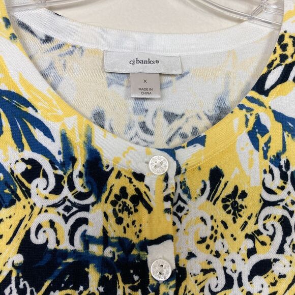 CJ Banks Button Up Cardigan Size X  or 14W Yellow Blue Lightweight Stretch Knit - Picture 2 of 5